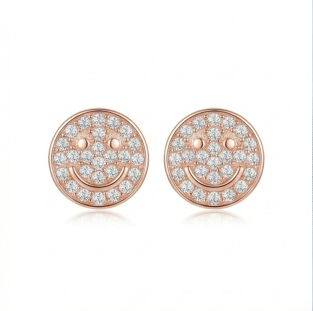 LUXE 925 Sterling Silver Pave Smiley Face Stud Earrings Rose Gold Finish Fine Jewellery