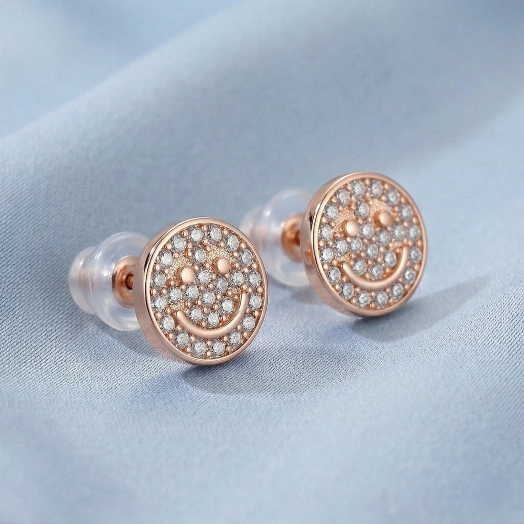 AGOR LUXE 925 Sterling Silver Pave Smiley Face Stud Earrings Rose Gold Finish Fine Jewellery