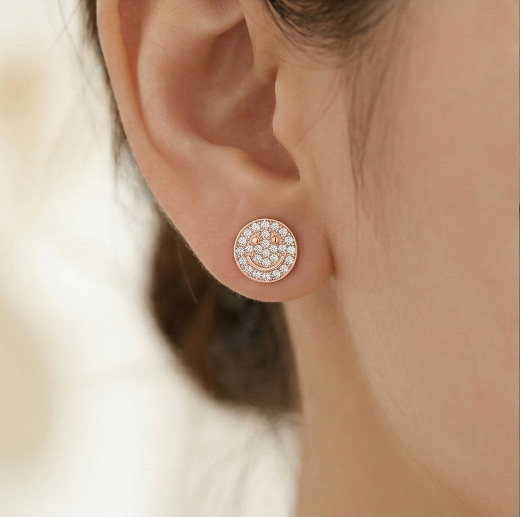 AGOR LUXE 925 Sterling Silver Pave Smiley Face Stud Earrings Rose Gold Finish Fine Jewellery