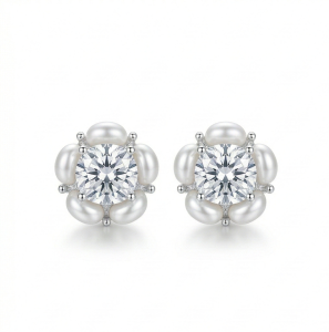 AGOR LUXE 925 Sterling Silver Pearl Halo Floral Stud Earrings High Polish Rhodium Finish Fine Jewellery