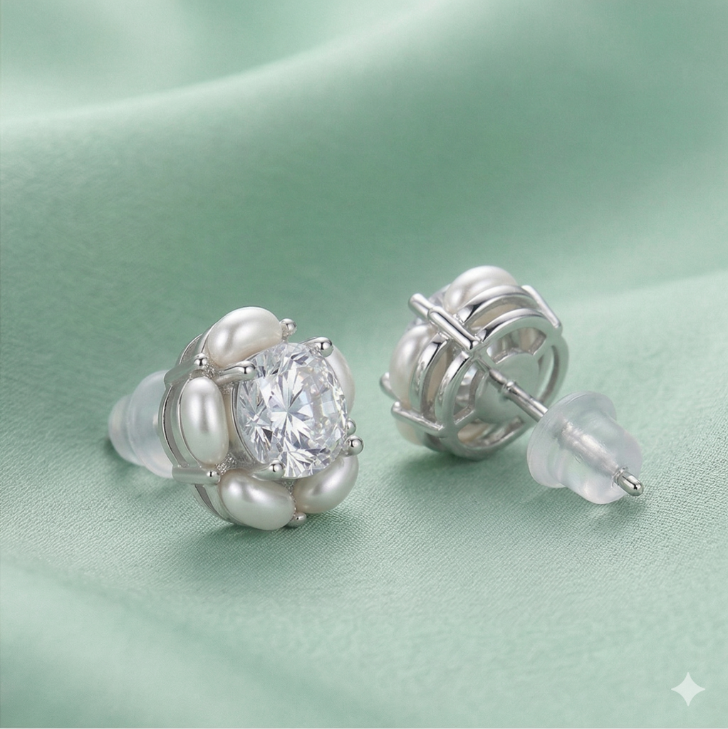AGOR LUXE 925 Sterling Silver Pearl Halo Floral Stud Earrings High Polish Rhodium Finish Fine Jewellery