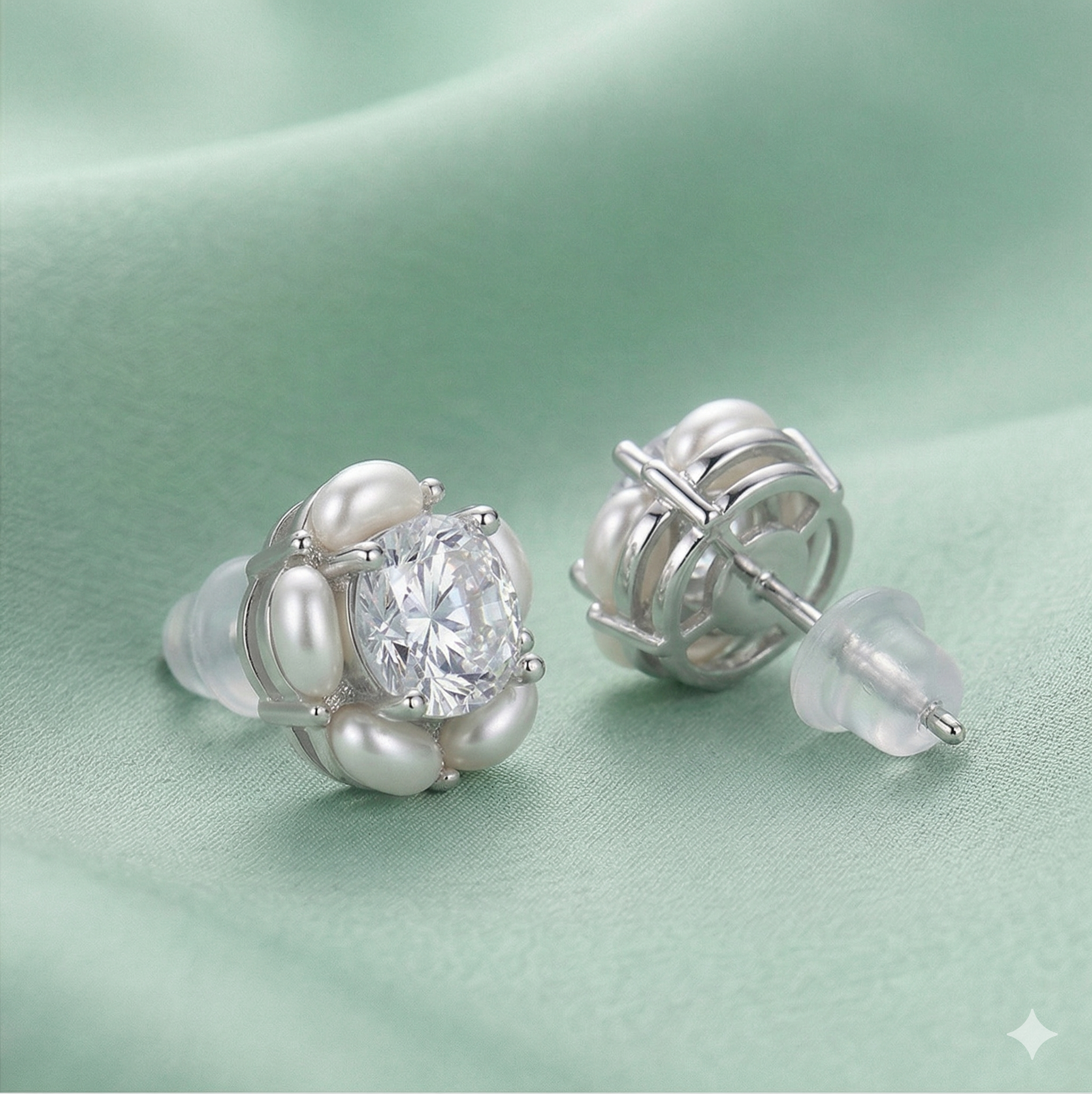 LUXE 925 Sterling Silver Pearl Halo Floral Stud Earrings High Polish Rhodium Finish Fine Jewellery