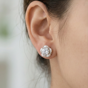 AGOR LUXE 925 Sterling Silver Pearl Halo Floral Stud Earrings High Polish Rhodium Finish Fine Jewellery