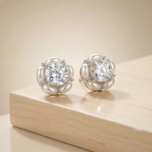 AGOR LUXE 925 Sterling Silver Pearl Halo Floral Stud Earrings High Polish Rhodium Finish Fine Jewellery