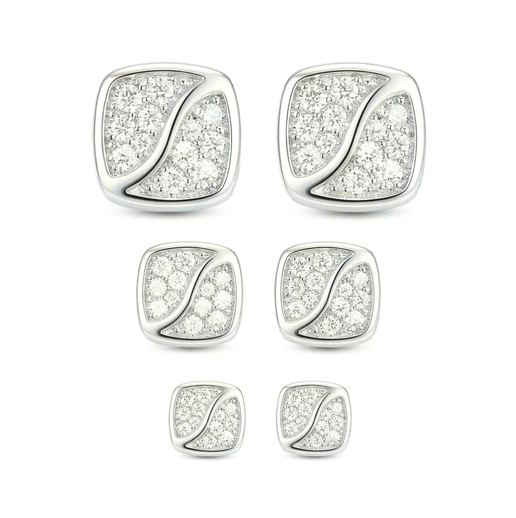 AGOR LUXE 925 Sterling Silver Square Wave Set of 3 Stud Earrings High Polish Rhodium Fine Jewellery