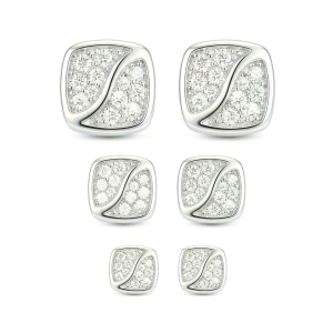 AGOR LUXE 925 Sterling Silver Square Wave Set of 3 Stud Earrings High Polish Rhodium Fine Jewellery