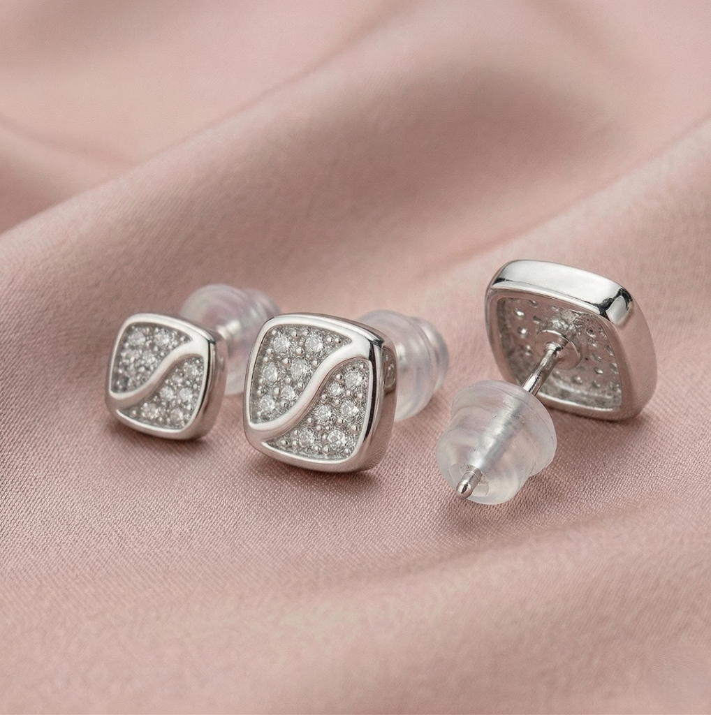 AGOR LUXE 925 Sterling Silver Square Wave Set of 3 Stud Earrings High Polish Rhodium Fine Jewellery