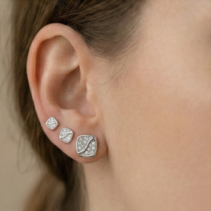 AGOR LUXE 925 Sterling Silver Square Wave Set of 3 Stud Earrings High Polish Rhodium Fine Jewellery