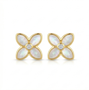 AGOR LUXE 925 Sterling Silver Mother of Pearl Floral Stud Earrings High Polish Gold Finish LUXE Botanical Jewellery