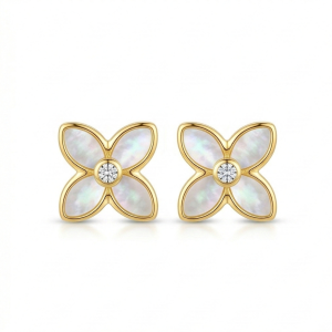 LUXE 925 Sterling Silver Mother of Pearl Floral Stud Earrings High Polish Gold Finish LUXE Botanical Jewellery