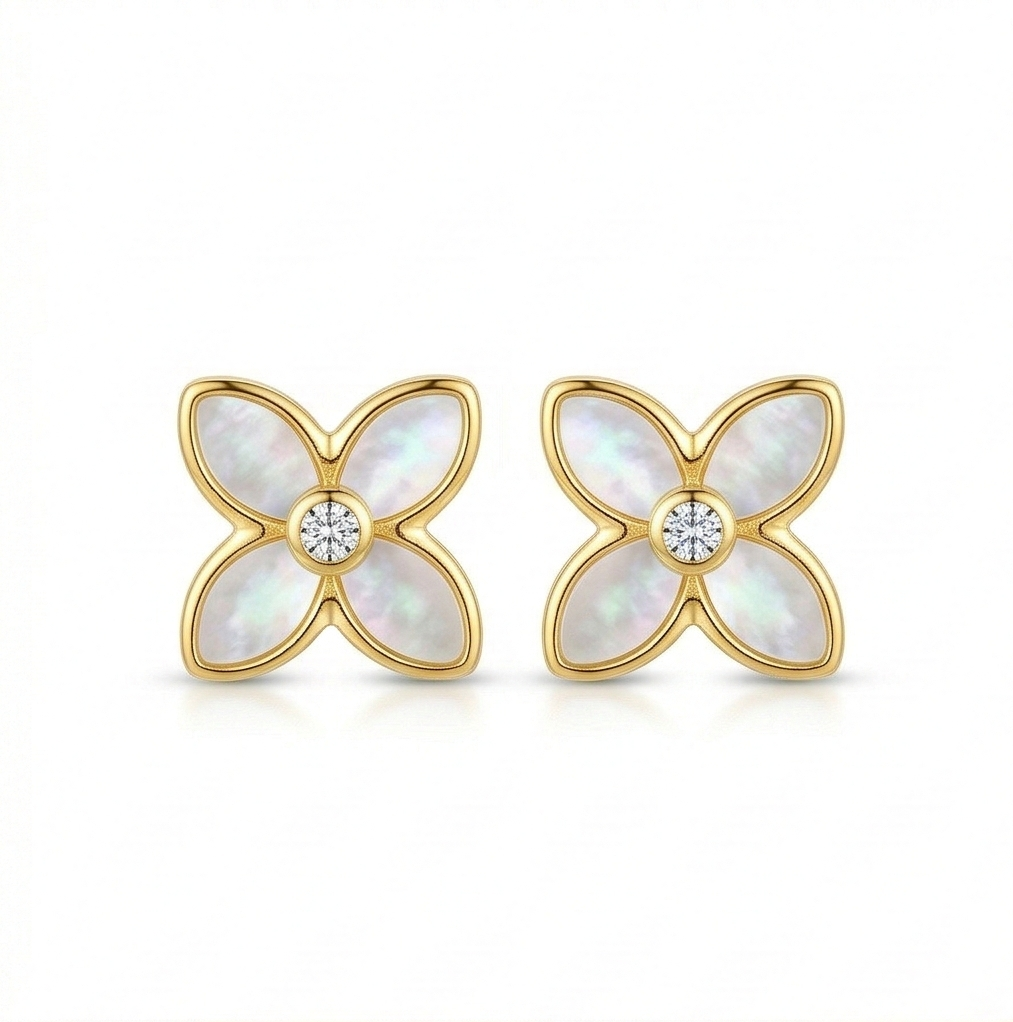 LUXE 925 Sterling Silver Mother of Pearl Floral Stud Earrings High Polish Gold Finish LUXE Botanical Jewellery