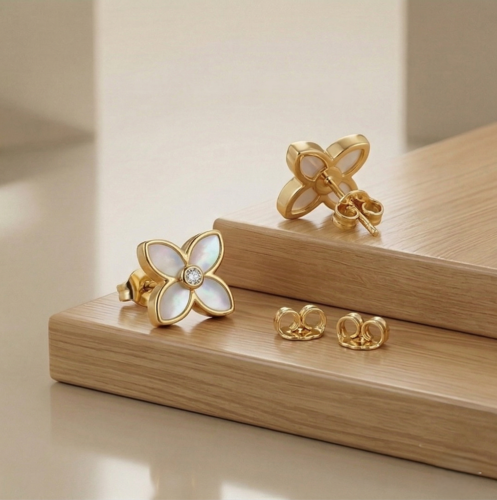 AGOR LUXE 925 Sterling Silver Mother of Pearl Floral Stud Earrings High Polish Gold Finish LUXE Botanical Jewellery