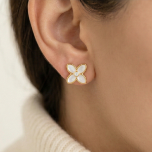 AGOR LUXE 925 Sterling Silver Mother of Pearl Floral Stud Earrings High Polish Gold Finish LUXE Botanical Jewellery