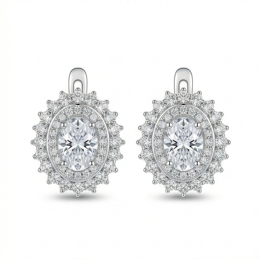 LUXE 925 Sterling Silver High Polish Rhodium Oval Halo Drop Earrings Vintage Bridal Jewellery