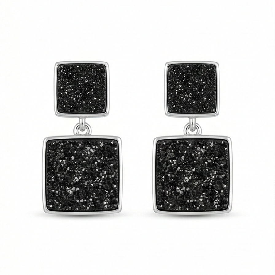LUXE 925 Sterling Silver Black Geometric Drop Earrings High Polish Rhodium Finish Fine Women's Jewellery