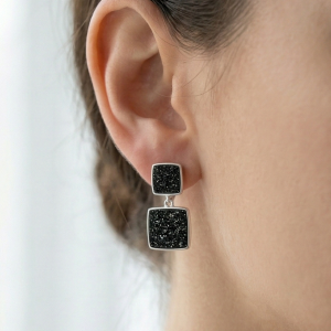AGOR LUXE 925 Sterling Silver Black Geometric Drop Earrings High Polish Rhodium Finish Fine Women's Jewellery