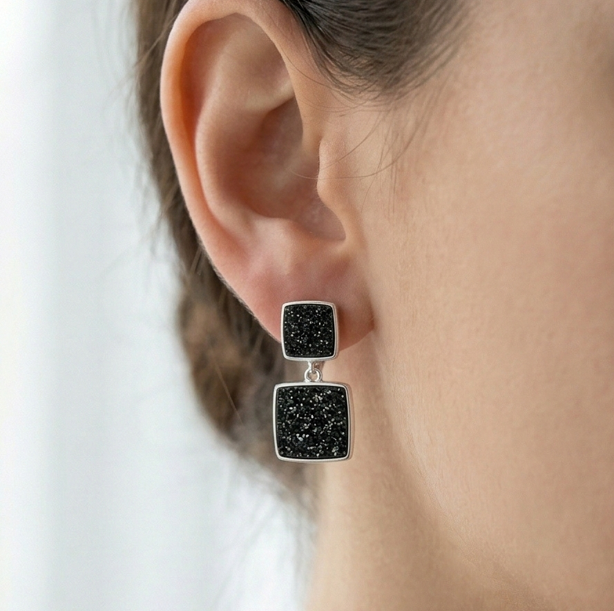LUXE 925 Sterling Silver Black Geometric Drop Earrings High Polish Rhodium Finish Fine Women's Jewellery