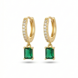 AGOR LUXE 925 Sterling Silver Gold Plated Green Rectangle Drop Hoop Earrings Fine Classic Jewellery