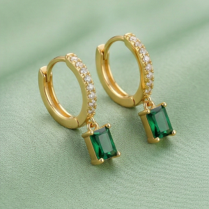 AGOR LUXE 925 Sterling Silver Gold Plated Green Rectangle Drop Hoop Earrings Fine Classic Jewellery