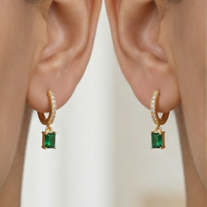 AGOR LUXE 925 Sterling Silver Gold Plated Green Rectangle Drop Hoop Earrings Fine Classic Jewellery