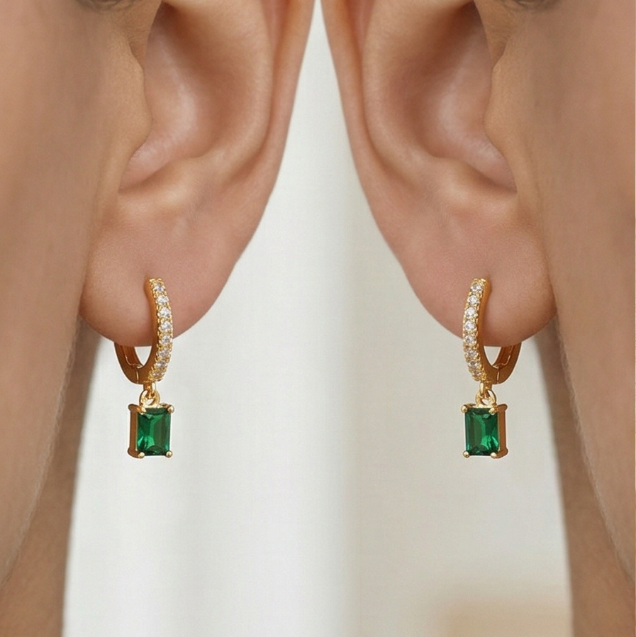LUXE 925 Sterling Silver Gold Plated Green Rectangle Drop Hoop Earrings Fine Classic Jewellery