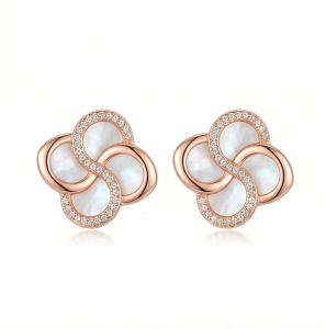 AGOR LUXE 925 Sterling Silver Rose Gold Plated Floral Mother of Pearl Inlay Stud Earrings Fine Romantic Jewellery