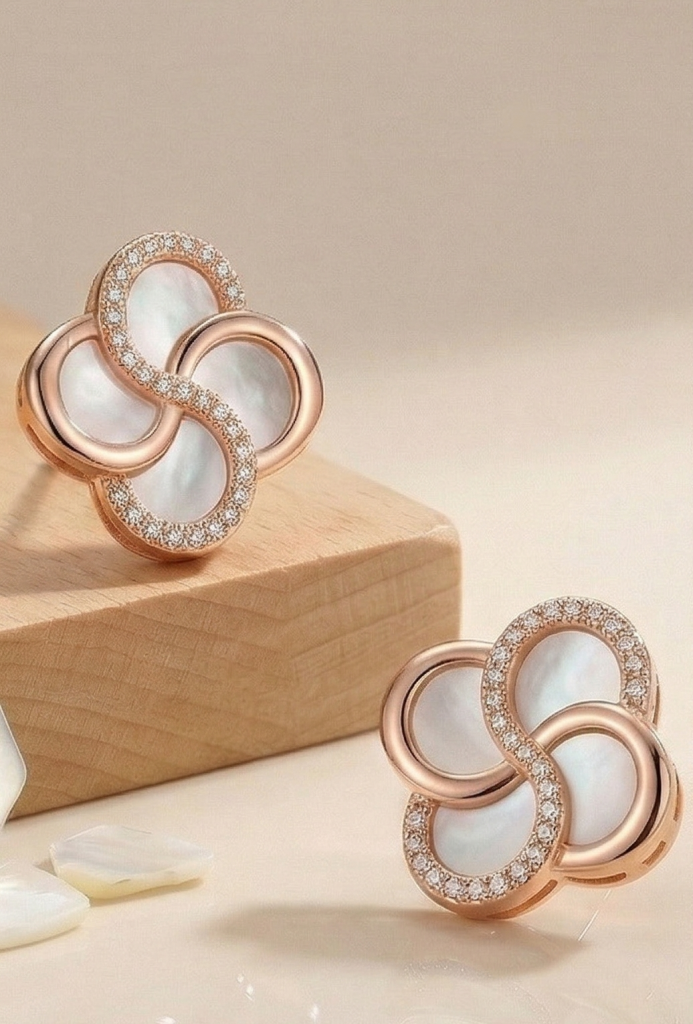 AGOR LUXE 925 Sterling Silver Rose Gold Plated Floral Mother of Pearl Inlay Stud Earrings Fine Romantic Jewellery