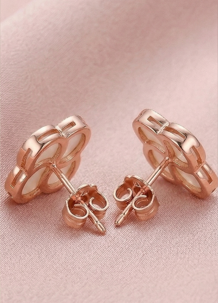 AGOR LUXE 925 Sterling Silver Rose Gold Plated Floral Mother of Pearl Inlay Stud Earrings Fine Romantic Jewellery
