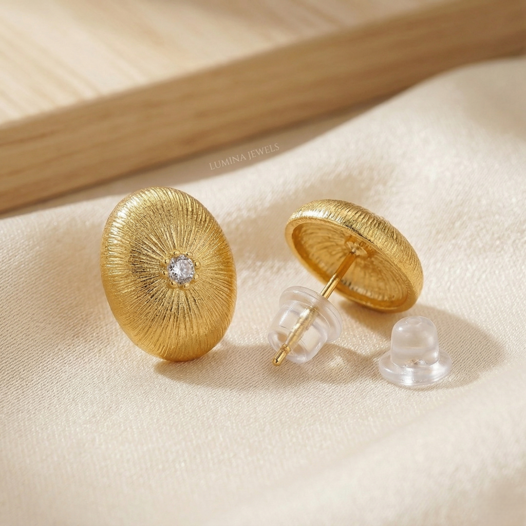 AGOR LUXE 925 Sterling Silver Gold Plated Sunburst Textured Oval Stud Earrings Vintage Style Jewellery
