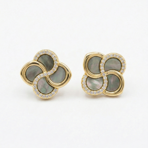 LUXE 925 Sterling Silver Gold Plated Floral Dark Inlay Stud Earrings Elegant Evening Jewellery