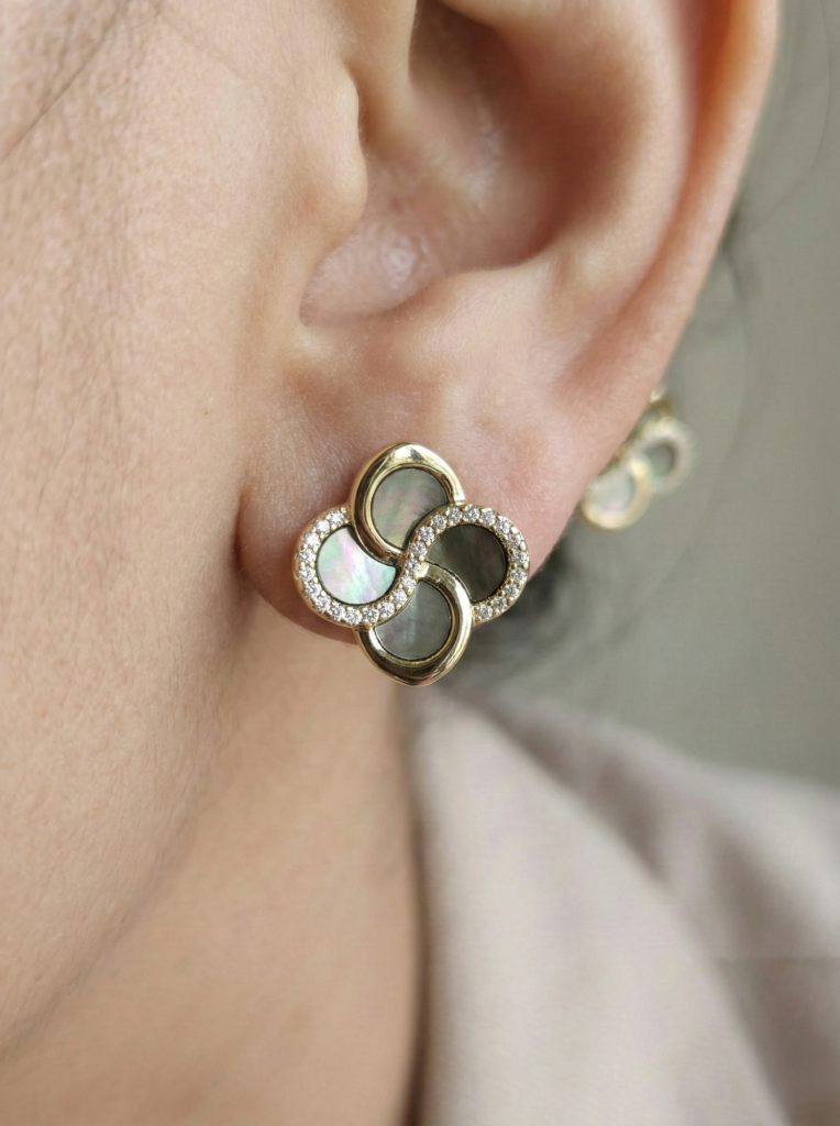 AGOR LUXE 925 Sterling Silver Gold Plated Floral Dark Inlay Stud Earrings Elegant Evening Jewellery