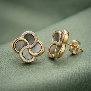 LUXE 925 Sterling Silver Gold Plated Floral Dark Inlay Stud Earrings Elegant Evening Jewellery