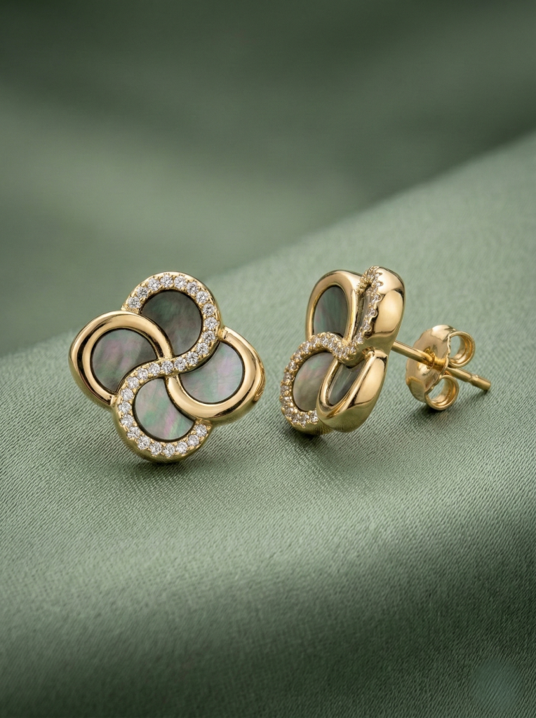 AGOR LUXE 925 Sterling Silver Gold Plated Floral Dark Inlay Stud Earrings Elegant Evening Jewellery