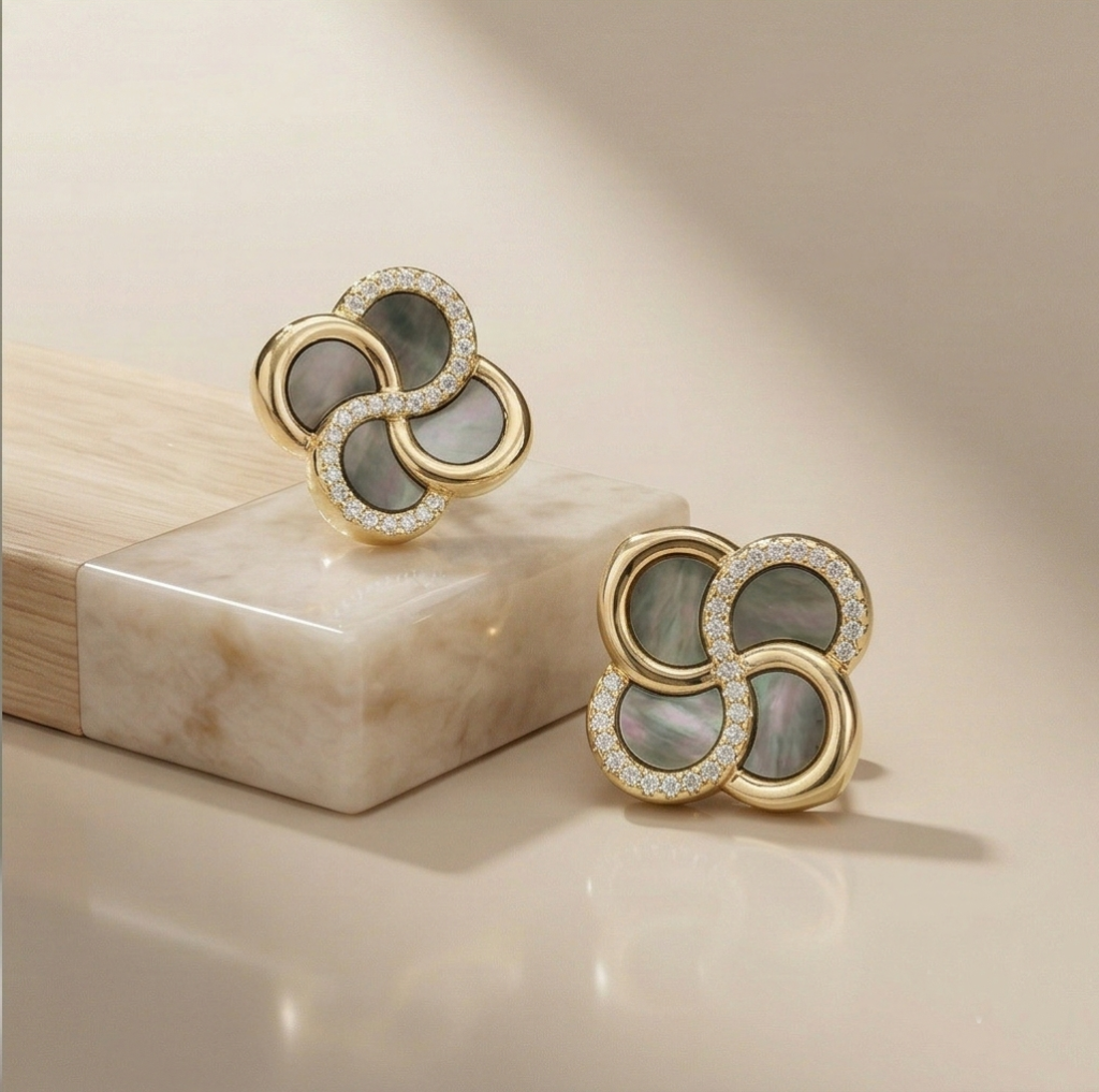 AGOR LUXE 925 Sterling Silver Gold Plated Floral Dark Inlay Stud Earrings Elegant Evening Jewellery