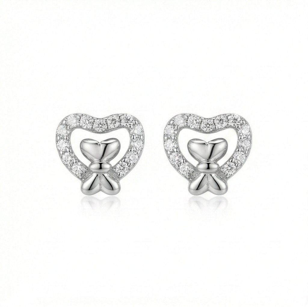 AGOR 925 Sterling Silver Heart Bow Stud Earrings Jewellery for Women & Girls