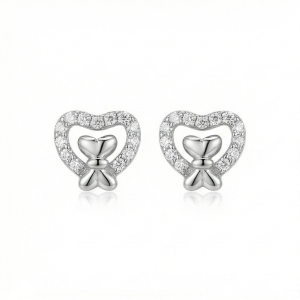 AGOR 925 Sterling Silver Heart Bow Stud Earrings Jewellery for Women & Girls
