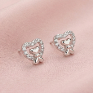 AGOR 925 Sterling Silver Heart Bow Stud Earrings Jewellery for Women & Girls