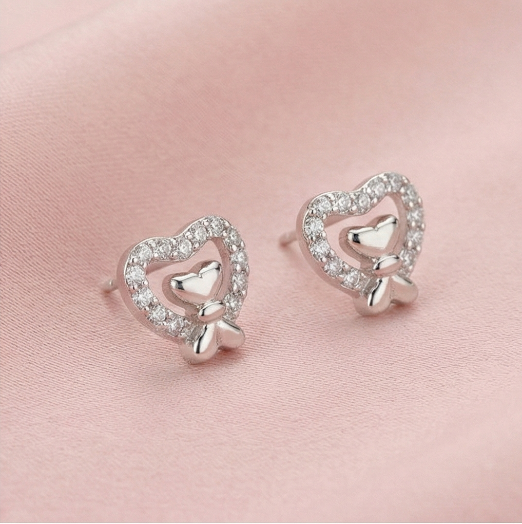 925 Sterling Silver Heart Bow Stud Earrings Jewellery for Women & Girls