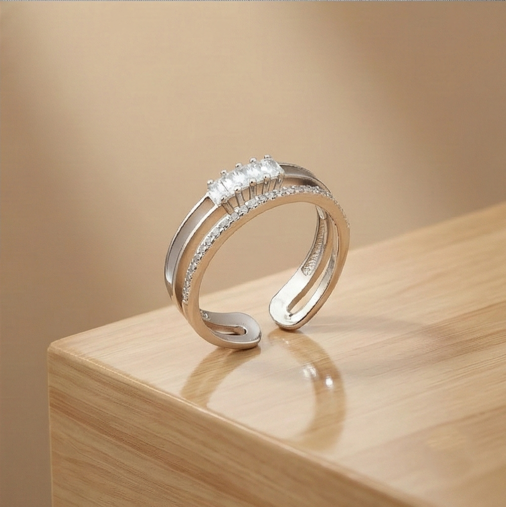 AGOR 925 Sterling Silver Modern Split Shank Ring for Women, Adjustable Jewellery