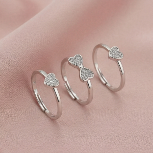 AGOR 925 Sterling Silver Pave Heart Rings for Women and Girls, Adjustable Rhodium Plated Jewellery Set of 3