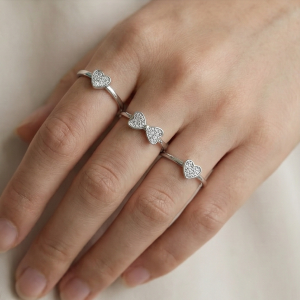 AGOR 925 Sterling Silver Pave Heart Rings for Women and Girls, Adjustable Rhodium Plated Jewellery Set of 3