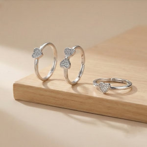 AGOR 925 Sterling Silver Pave Heart Rings for Women and Girls, Adjustable Rhodium Plated Jewellery Set of 3
