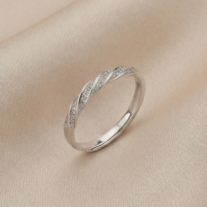 AGOR 925 Sterling Silver Twist Band Ring Adjustable Pave Setting Minimalist Jewellery