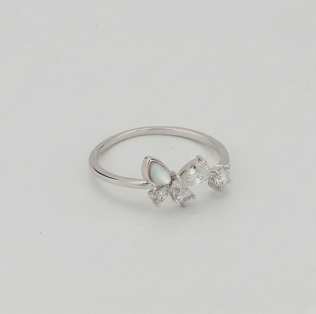 925 Sterling Silver Butterfly Open Ring Adjustable Crystal & Pearlescent Jewellery