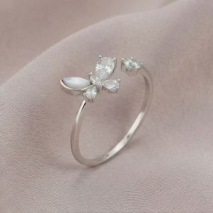 AGOR 925 Sterling Silver Butterfly Open Ring Adjustable Crystal & Pearlescent Jewellery