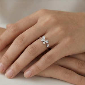 AGOR 925 Sterling Silver Butterfly Open Ring Adjustable Crystal & Pearlescent Jewellery