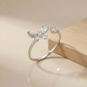 AGOR 925 Sterling Silver Butterfly Open Ring Adjustable Crystal & Pearlescent Jewellery