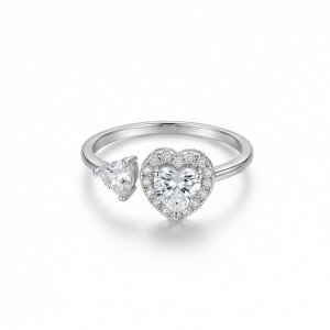 AGOR 925 Sterling Silver Double Heart Open Ring Adjustable Halo Toi Et Moi Jewellery