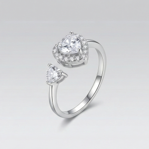 AGOR 925 Sterling Silver Double Heart Open Ring Adjustable Halo Toi Et Moi Jewellery