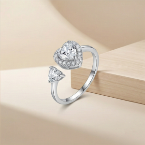 AGOR 925 Sterling Silver Double Heart Open Ring Adjustable Halo Toi Et Moi Jewellery